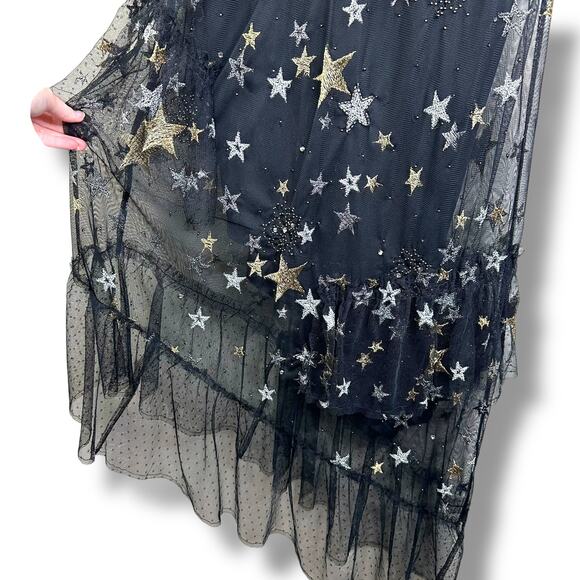 Topshop Embroidered Metallic Star Swiss Dot Plunge Neck Asymmetrical Midi Dress - Picture 5 of 10